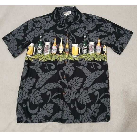 Vintage mens medium Hawaiian Aloha beer bottles gray casual shortsleeve shirt - Picture 2 of 7
